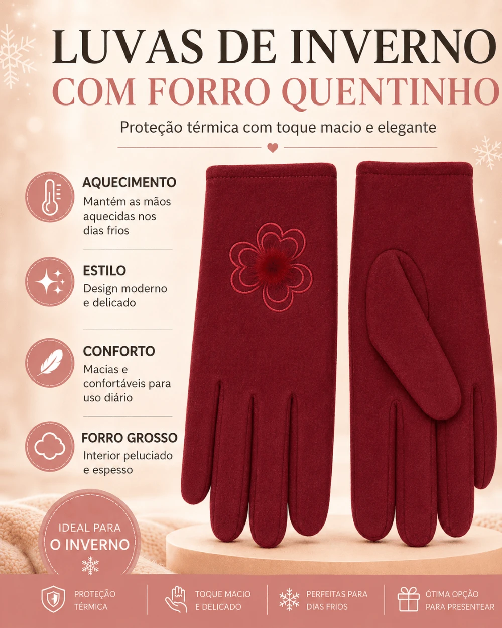 Luvas Suedes Termica Proteção Contra Frio  Toque Suave F-68 - Vinho - Visão 1