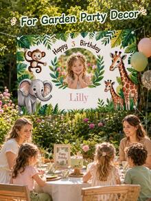 Custom 1pc Banner With Name, Age, Text And Animal Pattern. Multi-Functional Durable Vinyl Banner, Suitable For Birthday Party, Birthday Gift, Gathering, Baby Shower, Indoor/Outdoor Home Activities, Year-Round Home Decor And Photography Studio Props. Includes Pre-Punched Corners And White Ribbon. Available In 3 Sizes. 2D Flat Design. - Multicolor - View 4