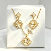 1套不鏽鋼鏈條鋯石星星吊墜項鍊與耳環套組，禮品珠寶 - 金色 - 查看 6