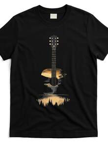 Camiseta Unisex, Anti-Encogimiento, Guitarra Acústica al Atardecer, Paisaje Natural, Estampado Vintage, Tallas Disponibles - Negro - Ver 1
