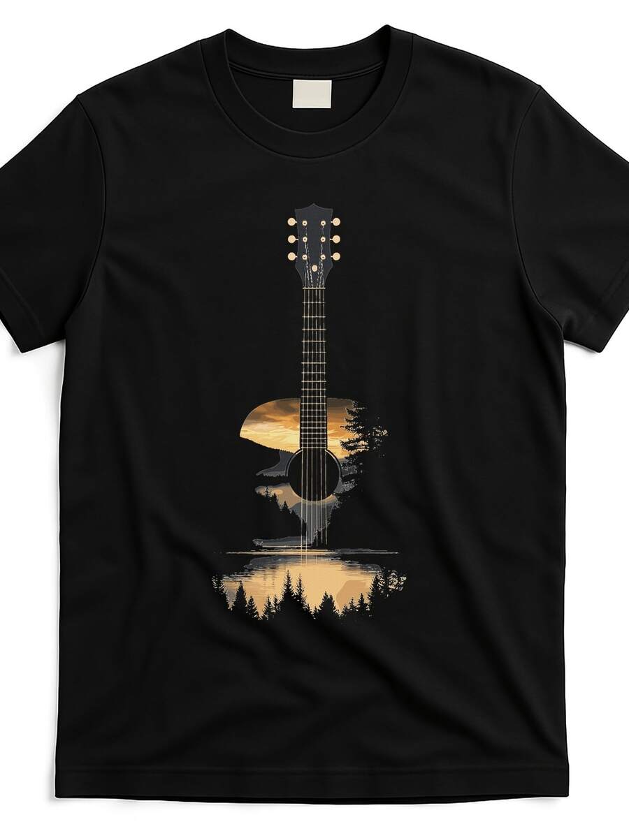 Camiseta Unisex, Anti-Encogimiento, Guitarra Acústica al Atardecer, Paisaje Natural, Estampado Vintage, Tallas Disponibles - Negro - Ver 1