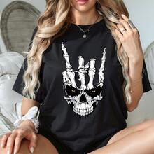 Black T-Shirt With Skeleton Hand Skull Print, Gothic And Streetwear Style, Short Sleeve Graphic Tee, Round Neck, Casual Outfit For Women, Urban Fashion And Everyday Wear - 黑色 - 查看 7