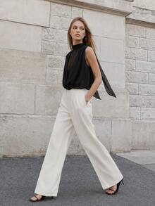 Solid Color Turtleneck Sleeveless Pleated Blouse, Spring/Summer Black - Black - View 6