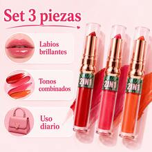 Set de 3 labiales y brillos para labios, tonos combinados, textura suave y labios brillantes para uso diario, Paquete de 3 piezas, tonos rojos y rosados, sensacion comoda en labios - Multicolor - Ver 7