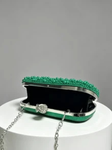 Green Faux Pearl Decorated Evening Clutch, Luxurious Hard Shell Box Wallet With Pearl Clasp, Suitable For Wedding/Party/Ball/Banquet - Dark Green - View 4