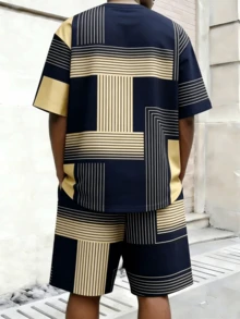 Plus Size Men's Geometric Line Print Short Sleeve T-Shirt + Shorts Set, Casual Sports 2-Piece Set - Multicolor - View 2