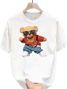 Camiseta de manga corta para hombre con gráfico de oso de peluche hip-hop de moda, top casual de cuello redondo, suave y cómoda para uso diario de verano / streetwear - Blanco - Ver 1