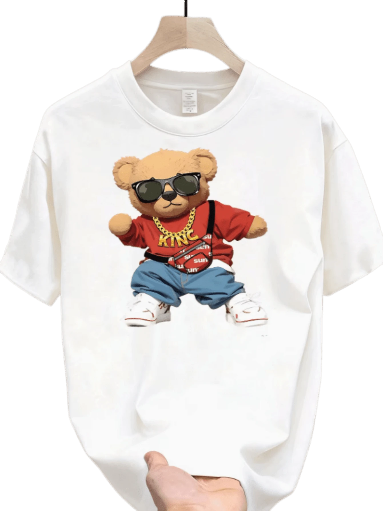 Camiseta de manga corta para hombre con gráfico de oso de peluche hip-hop de moda, top casual de cuello redondo, suave y cómoda para uso diario de verano / streetwear - Blanco - Ver 1