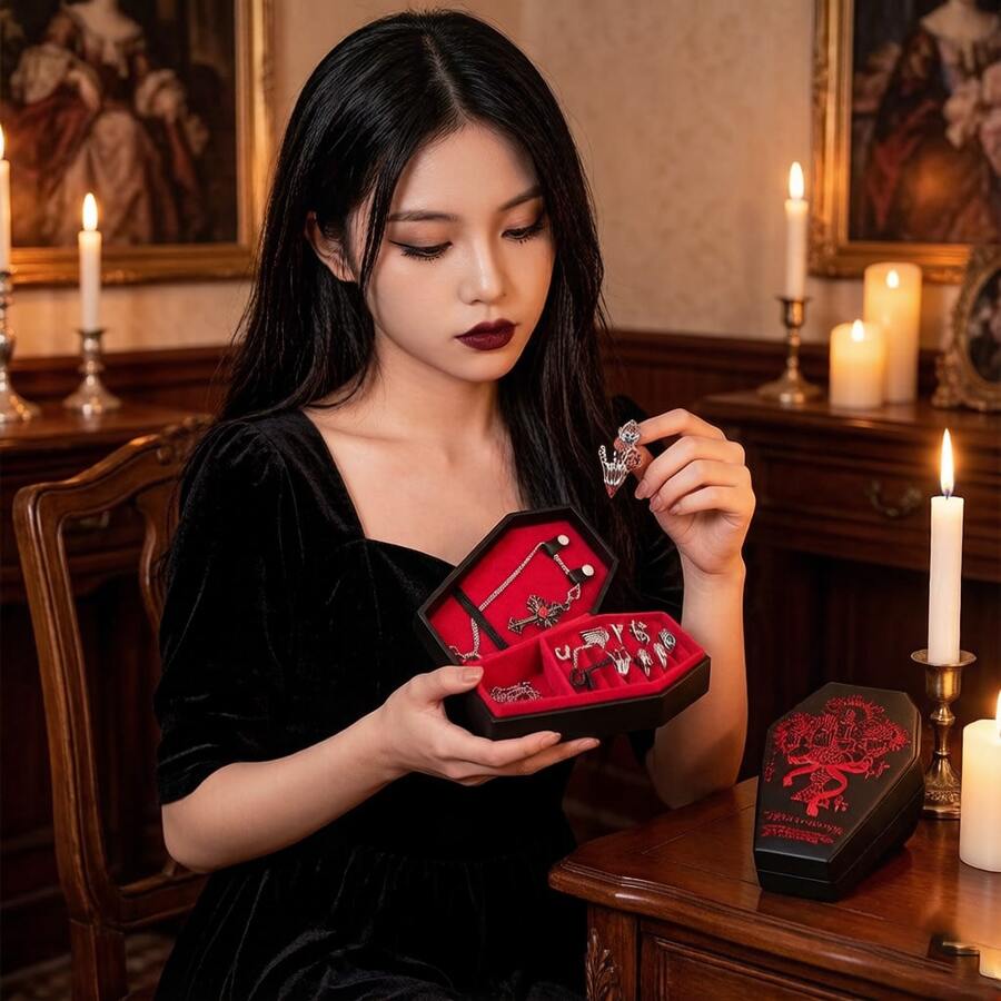 1pc Gothic Coffin Jewelry Storage Box, Black With Red Embossed Design, Portable Jewelry Organizer For Rings, Necklaces & Earrings, Perfect Goth & Alt Gift