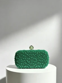 Green Faux Pearl Decorated Evening Clutch, Luxurious Hard Shell Box Wallet With Pearl Clasp, Suitable For Wedding/Party/Ball/Banquet - Dark Green - View 7