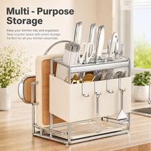 Knife Holder Storage Organizer With Hooks, Stainless Steel Knife Block Holder Cutting Board Rack,Kitchen Utensils Holder With Drainer Tray For Kitchen Countertop - White - View 5