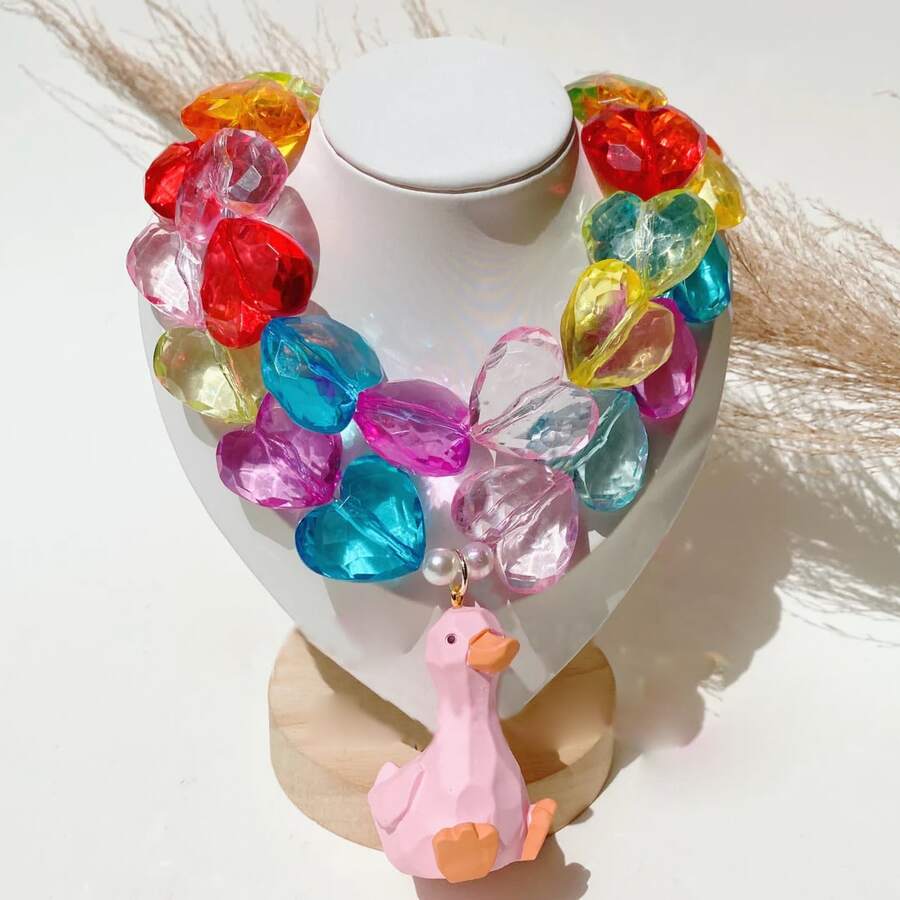 Multi-Layer Heart Beaded Cute Pink Duck Necklace Statement Luxury Women Girls BOHO Crystal Stone Pendant Charm Fashion Party Daily Jewelry - Love - View 1