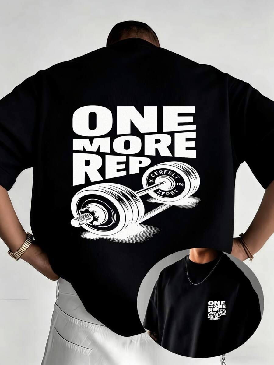Camiseta de hombre con diseño de contraste en blanco y negro - "ONE MORE REP" con un estampado de gran impacto visual, combinado con un patrón de barra de pesas de estilo retro. - Negro - Ver 1