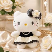 Hello Kitty 絨毛娃娃，配千鳥格蝴蝶結、山茶花、珍珠與網紗裙，黑白配色，KT娃娃，送給女朋友、好友、小孩的生日與節日禮物，臥室、客廳、沙發裝飾，溫柔INS風療癒絨毛娃娃，汽車與桌面裝飾 - 黑與白 - 查看 6