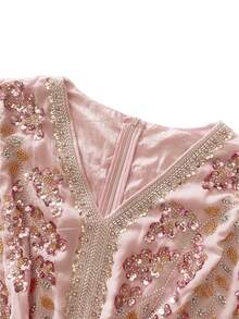 Charming Blush Pink V-Neck Maxi Dress, Half Sleeve Sequin Decorated Bodice, Flowy Pleated Skirt, Suitable For Formal Occasions - Pink - View 5