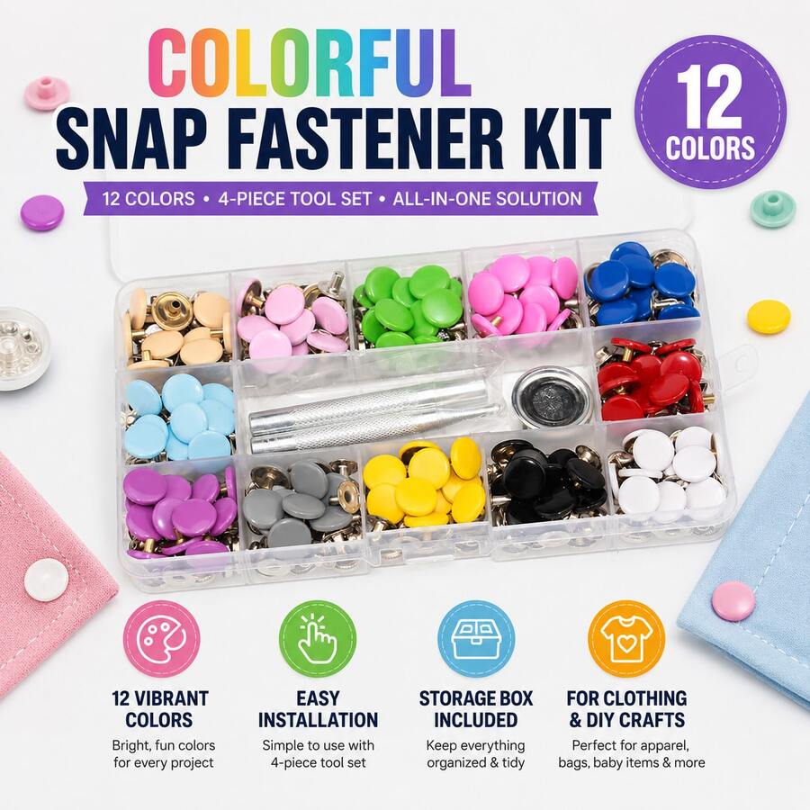 12 Colors Metal Copper Snap Buttons With Installation Tool, Colorful Fastener Snaps For Clothing, Bags & DIY Sewing Crafts - A - View 1
