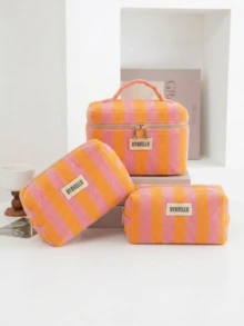 Bolsa de Maquiagem de Grande Capacidade na Moda, Bolsa de Viagem Fofa com Padrão Listrado de Blocos de Cores, Clutch Elegante e Sofisticada de Estilo Boêmio, Bolsa de Higiene Pessoal Portátil com Zíper para Viagem, Bolsa de Armazenamento Portátil, Essencial de Viagem, Suprimentos de Volta às Aulas, Conjunto de Bolsa de Maquiagem de Tecido Macio, Carteira e Bolsa Feminina na Moda, Adequado para Casa, Viagem, Férias e Escola, Essencial de Quarto, Presente de Madrinha, Presente do Dia das Mães, Presente de Aniversário. (Padrão Aleatório) - Laranja - Visão 14