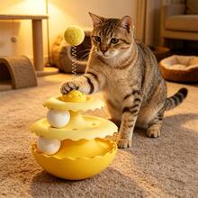 Multi-Color Pet Self-Entertainment Toy, Non-Slip Rolling Base Cat Ball Teaser Wand, Wave-Shaped Cat Rolling Toy, 3-Layer Rotating Ball With Spring Plush Ball - View 2