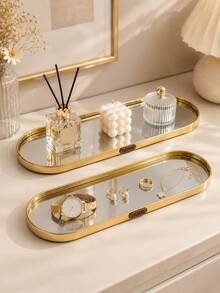 Luxury Gold Mirror Glass Vanity Tray, Nordic Aluminum Alloy Frame Storage Tray, Suitable For Perfume, Jewelry, Skincare, Cosmetics, Bathroom And Vanity Decor - Multicolor - View 2