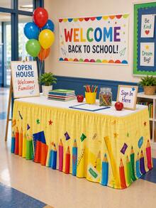 1pc Colorful Crayon, Ruler, Eraser Pattern Table Skirt, Suitable For Home Decor, Room Decor, Bedroom Decor, Garden, Kitchen, First Day Of School Classroom Decor And Teacher's Desk Skirt - Multicolor - View 4