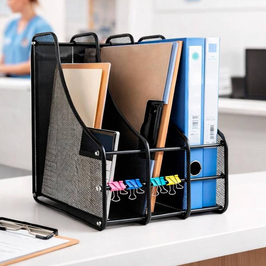 Revistero/Organizador de escritorio de malla metálica de 3 Secciones diseñado para almacenar y clasificar documentos, revistas y archivos en la la oficina, el hogar o la escuela - Organizador Vertical - Ver 1