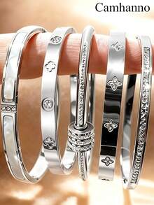 1/5Pcs Gold Plated Stainless Steel Cuff Bangles For Women, Classic Rhinestone Inlaid Stackable Bracelets, Non Tarnish Waterproof Jewelry - Silver - View 13
