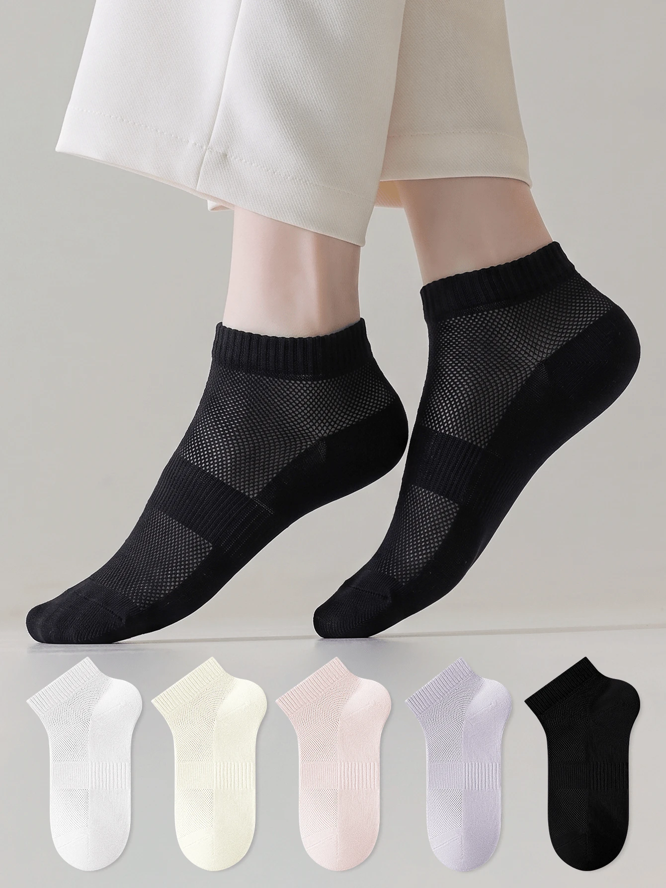 ZUJO 5 Pairs Of Women's Solid Color Mesh Ankle Socks,Bow Pattern, Suitable For Family Travel Throughout The Year, Simple And Comfortable,With Random Colors - Multicolor - View 1