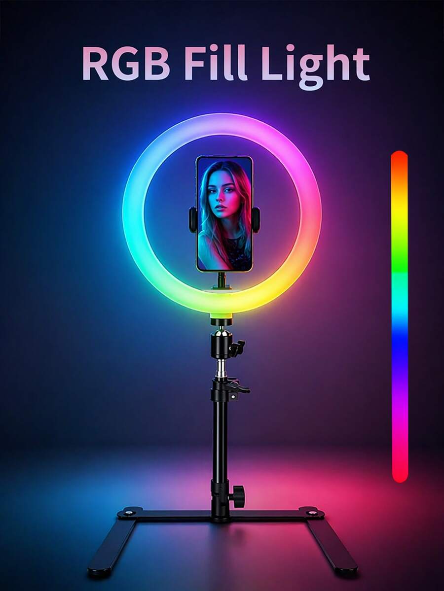 10-Inch RGB Ring Light With Boom Arm And Stand, Dimmable LED Ring Light For Overhead Shooting, 3 Modes + RGB Colors, 10%-100% Brightness Adjustment, For Live Streaming, Video Conferencing, Photography And Vlog Recording, USB Powered - Black - View 1