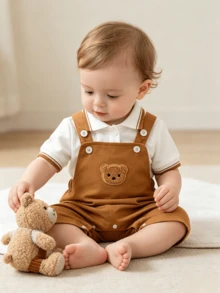 2pcs/Set Baby Boy Stylish Lightweight Short Sleeve Polo Shirt And Cute Brown Bear Handsome Overalls, Spring/Summer New Style, Daily Wear - Khaki - View 3
