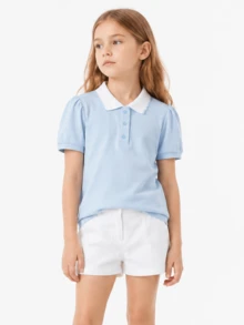 Balabala 2026 女童夏季 Polo 衫 可愛甜美短袖上衣 柔軟透氣純棉休閒日常穿著 - 冰藍 - 查看 4