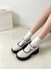 Black Mary Jane High Heels Women's 2024 Summer New Shoes Versatile College Style Thick Sole Shoes/Polka Dot Thick Sole Mary Jane Shoes Women's Height Increasing Leather Shoes Japanese JK Style Single Strap Round Toe Low Vamp Versatile Shoes - Black and White - View 5