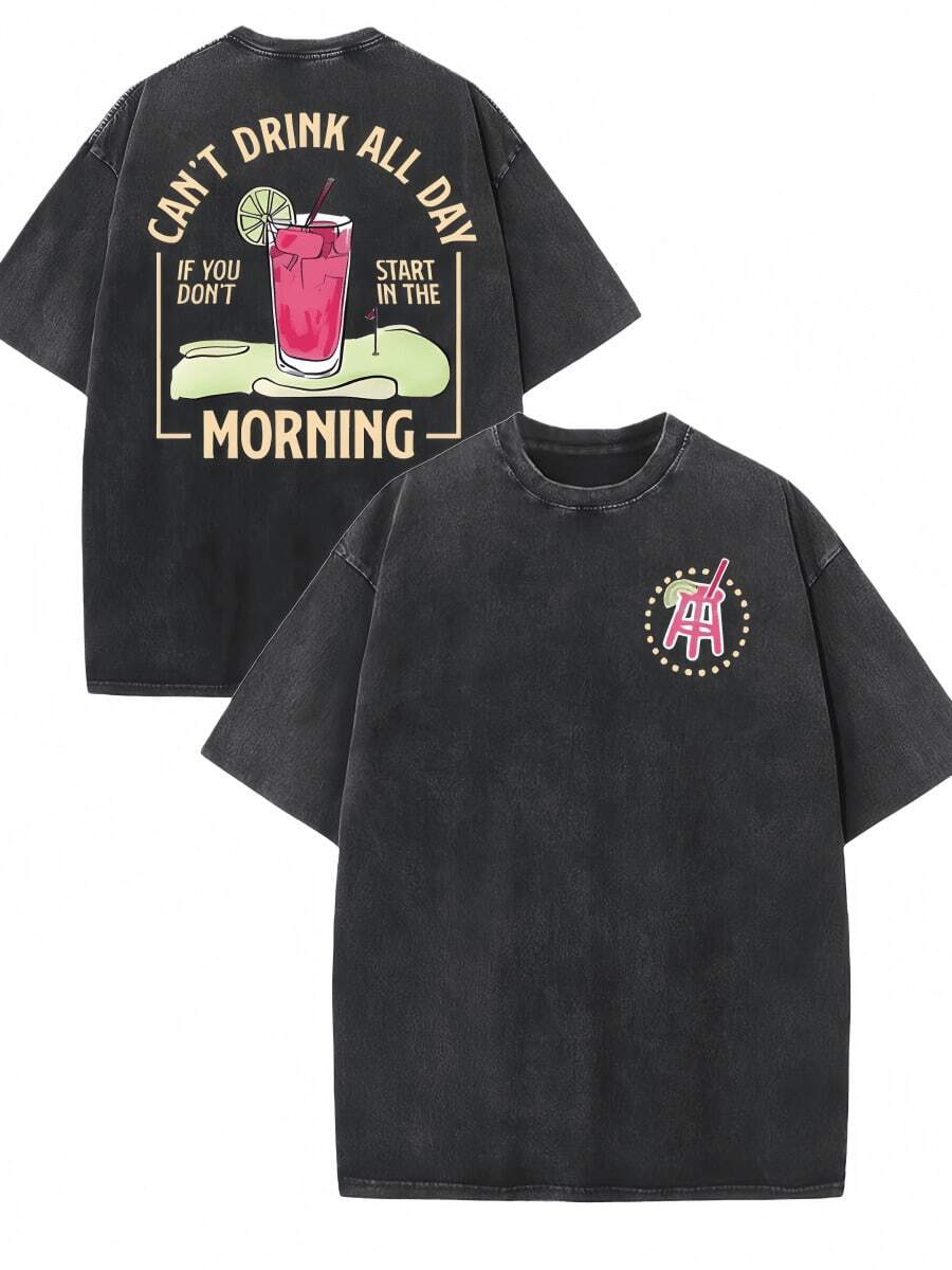 Men's Retro Style Y2K Cotton T-Shirt With Double-Sided "I Can't Drink All Day" Print - Black, Loose Fit, Short Sleeve, Crew Neck, 100% Cotton, Casual T-Shirt - 黑色 - 查看 1