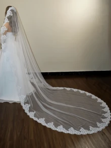1pc Vintage Lace Trimmed Cathedral Wedding Veil, 1 Layer 3 Meters Long Soft Tulle Bridal Veil With Comb - Multicolor - View 13