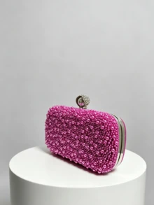 1pc Burgundy Pearl Decor Evening Clutch, Luxury Faux Pearl Closure Hard Shell Wallet, Elegant Box Bag For Wedding/Party/Ball/Banquet - Hot Pink - View 6