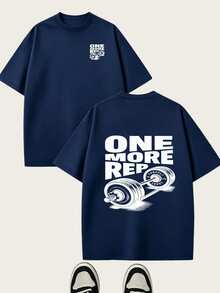 Camiseta de hombre con diseño de contraste en blanco y negro - "ONE MORE REP" con un estampado de gran impacto visual, combinado con un patrón de barra de pesas de estilo retro. - Negro - Ver 10