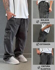 Plus Size Cargo Jeans, Black, Stonewashed, Spring/Summer, Autumn/Winter, Loose Fit, Drawstring - Grey - View 2