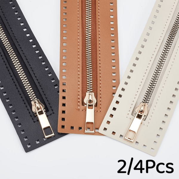 2/4Pcs PU Leather Zipper With Needle Holes - Dark Blue, Brown, Beige Crochet Bag Accessories, Suitable For DIY Wallets And Sewing Crafts, Wallet Straps, DIY Wallet Making