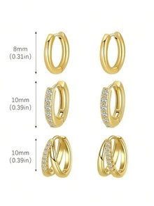 CHICAT Set 3 Pasang Anting Hoop Huggie Emas Wanita, Anting Hoop Kecil Tebal Bertabur Berlian Imitasi CZ, Dapat Ditumpuk untuk Beberapa Tindikan Telinga, Hadiah Perhiasan Minimalis untuk Sehari-hari - Emas - View 3