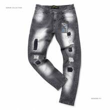 Men's Skinny, Washed Gray Player Jeans With Rips And Patches, Mid-Length, Stretchy, Modern Grunge Style. - JO/-07 - View 1