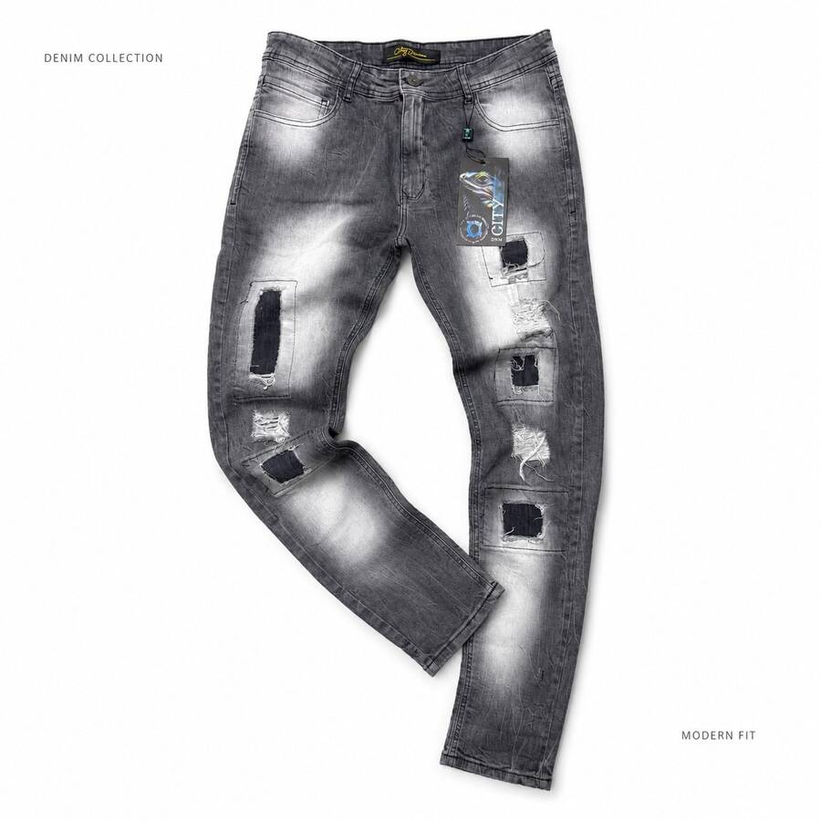 Men's Skinny, Washed Gray Player Jeans With Rips And Patches, Mid-Length, Stretchy, Modern Grunge Style. - JO/-07 - View 1