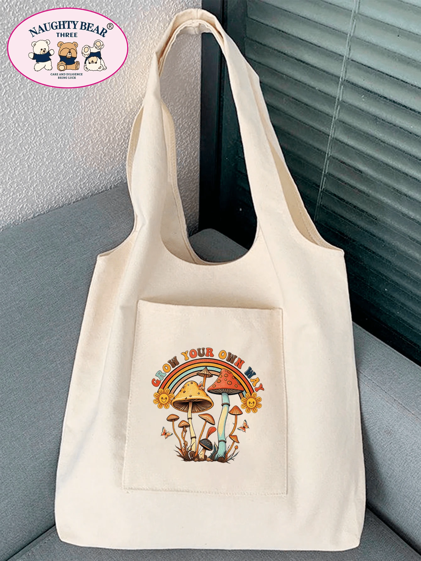 Fashionable Minimalist Mushroom Line Print Canvas Bag - Beige - View 1