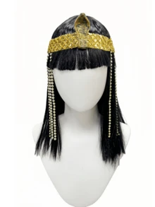 Ancient Egyptian Cleopatra Style Black Bob Wig With Straight Bangs, Mysterious Pharaoh Design, Halloween Party Cosplay Costume Headpiece - View 5