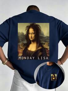 Camiseta de manga corta para hombre "MONDAY LISA" - Diseño creativo que combina arte clásico con humor moderno, casual y cómoda para el uso diario, adecuada para el trabajo de lunes, fiestas - Negro - Ver 7
