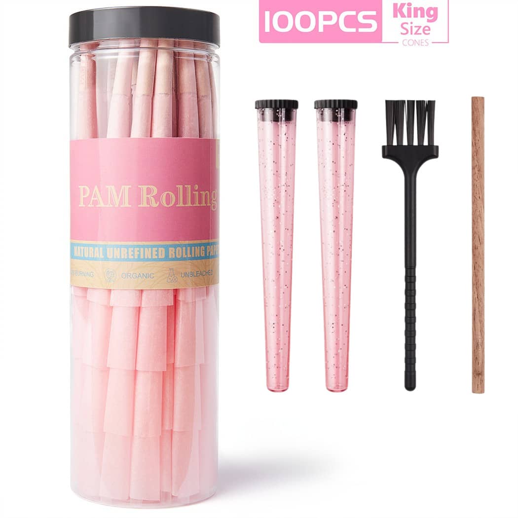 100pcs King Size Pre-Rolled Papers With Filter Tips, 110mm Pre Rolling Cones With Filling Device, Two Cones Holder, Cone Loader, Cleaning Brush, Slow Burning, Tobacco Accessories, Holiday Gift For Friends And Family - 粉色 - 查看 1
