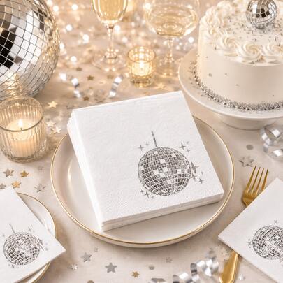 25/50/100pcs Disco Ball Silver Foil Stamped Party Napkins, White Disposable Napkins For Goddess Party, Birthday And 70s Disco Theme Party Table Decor, Wedding Decoration, Gift Party, Holiday Party Napkins, Suitable For Baby Shower, Anniversary, Bridal Shower, Wedding And Afternoon Tea Table Decoration