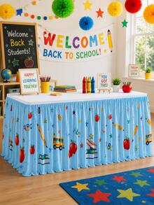 1pc Cartoon Pencil Book Star Print Rectangular Table Skirt - Perfect For Home Decor, Room Decor, Bedroom Decor, Garden, Kitchen, Teacher Welcome Desk & Classroom Party Dessert Table Cover - Multicolor - View 6