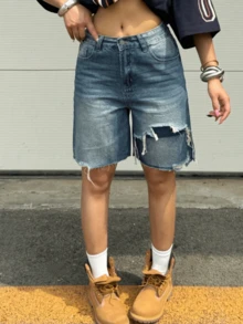 Y2K街頭復古水洗藍膝長牛仔短褲 生邊斜口袋 牛仔短褲女裝 夏季度假 外出 演唱會 休閒穿搭 - 藍色 - 查看 1