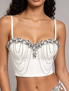 Heavy Embellished Rhinestone Multi-Layer Chain White Camisole Bustier Corset Top, Atmospheric Evening Party Photography Short Spaghetti Strap Casual - White - View 1