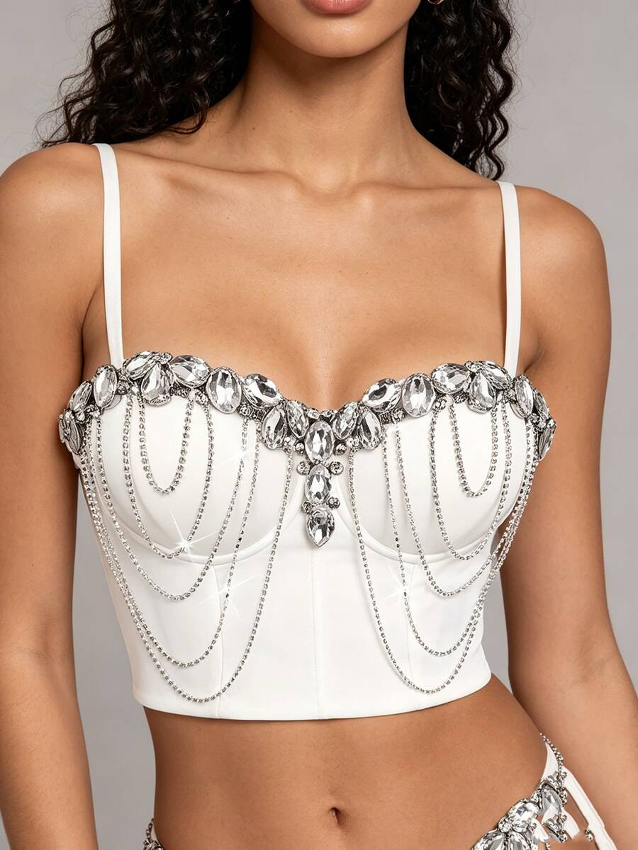 Heavy Embellished Rhinestone Multi-Layer Chain White Camisole Bustier Corset Top, Atmospheric Evening Party Photography Short Spaghetti Strap Casual - White - View 1