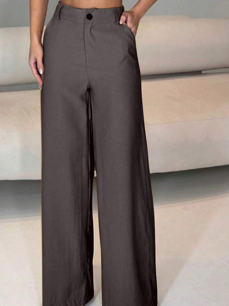 Elegant Women's Wide-Leg Trousers With Pockets. - 深灰色 - 查看 1